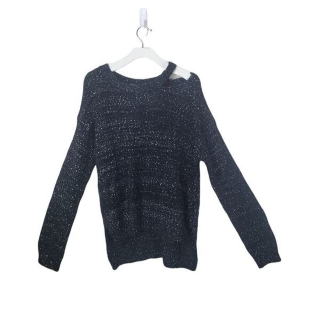 EMMER Womens Sweater SZ M Knit Black Pullover‎ Cold Shoulder Cut Out Speckled